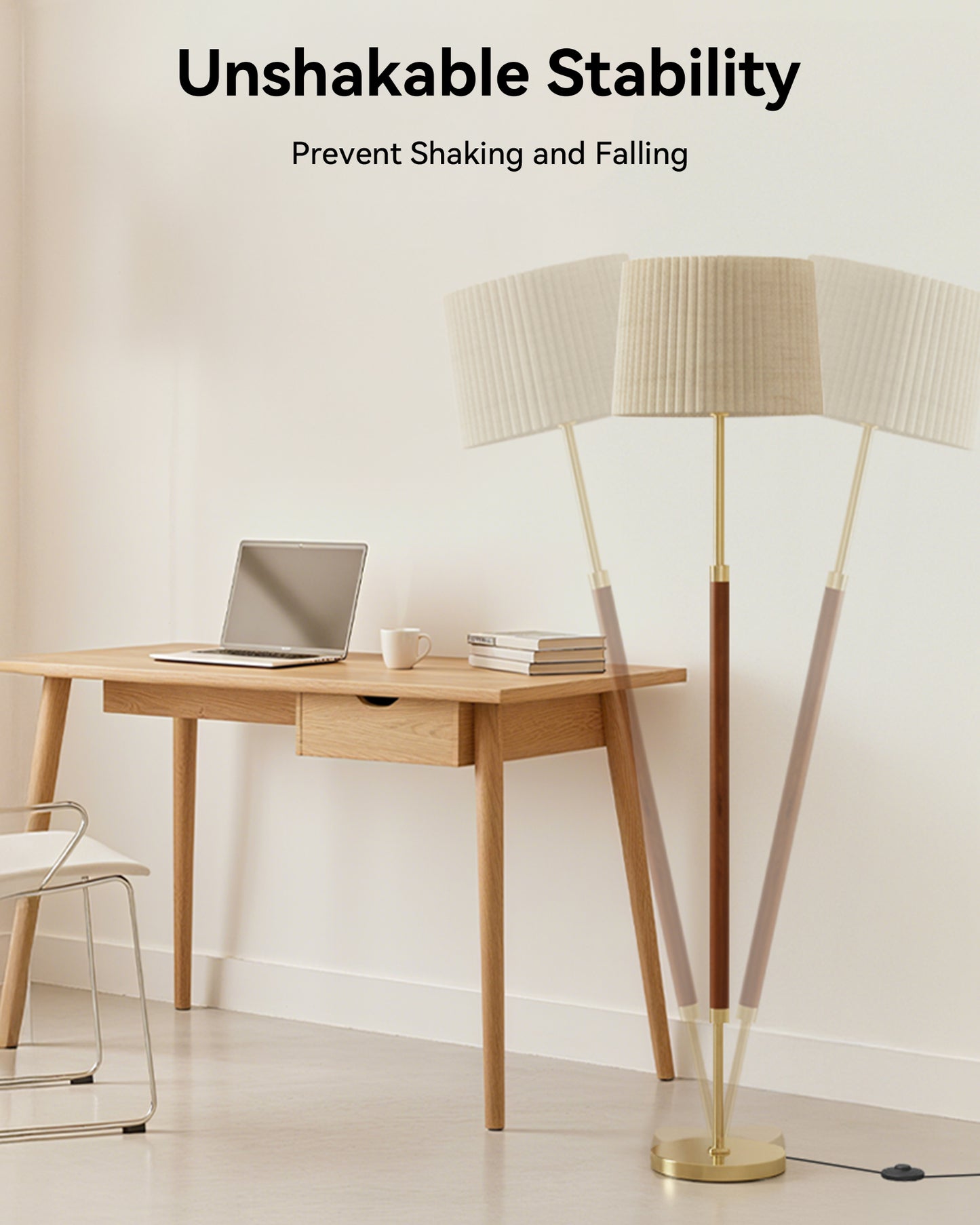 JOOFO Mid-Century Modern Wood Floor Lamp with Dual Fabric Shade, Remote Control, Dimmable & Adjustable Color Temperature, Reading & Living Room Lamp, Easy Clean Cover, Foot Switch