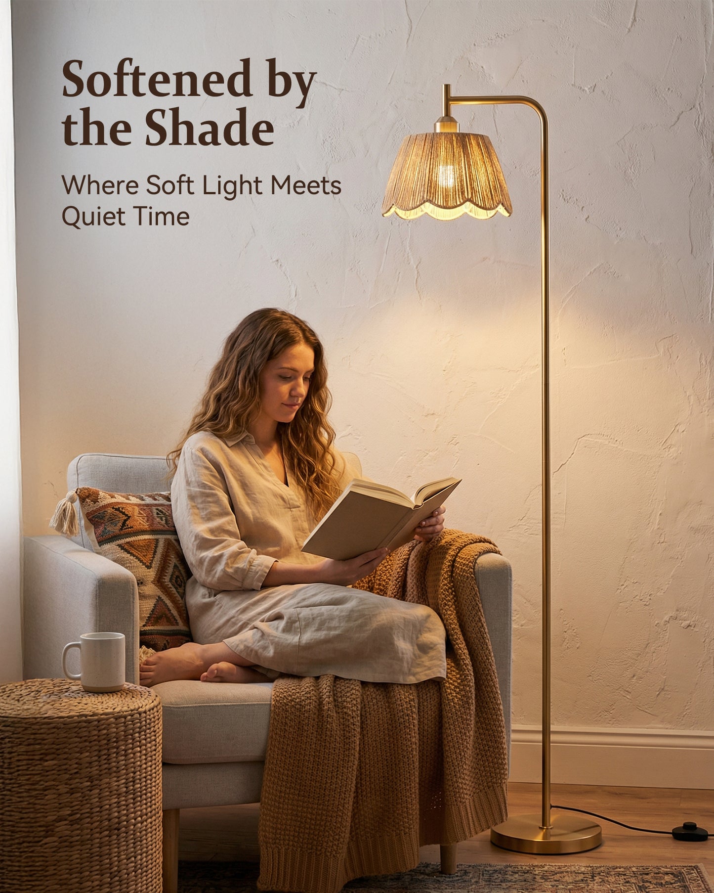 JOOFO Boho Floor Lamp with Remote & Foot Switch, Brushed Gold Standing Lamp with Flower-Inspired Textured Shade, Stepless Dimmable Tall Lamp for Living Room Bedroom Reading (Bulb Included)