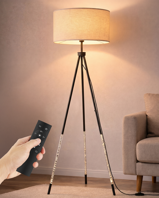 JOOFO Modern Metal Tripod Floor Lamp with Remote Control Tall Standing Decorative Corner Lamp with Oversized Linen Fabric Shade, Foot Switch for Living Room Bedroom Reading Nook Decor