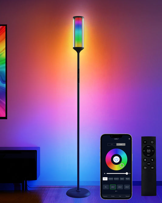 JOOFO RGBICW Corner Floor Lamp with Glass Shade, Color Changing LED Lamp with Music Sync, Smart App & Remote Control, Ambient Lighting with 16 Million Colors for Bedroom, Living Room, Gaming Room