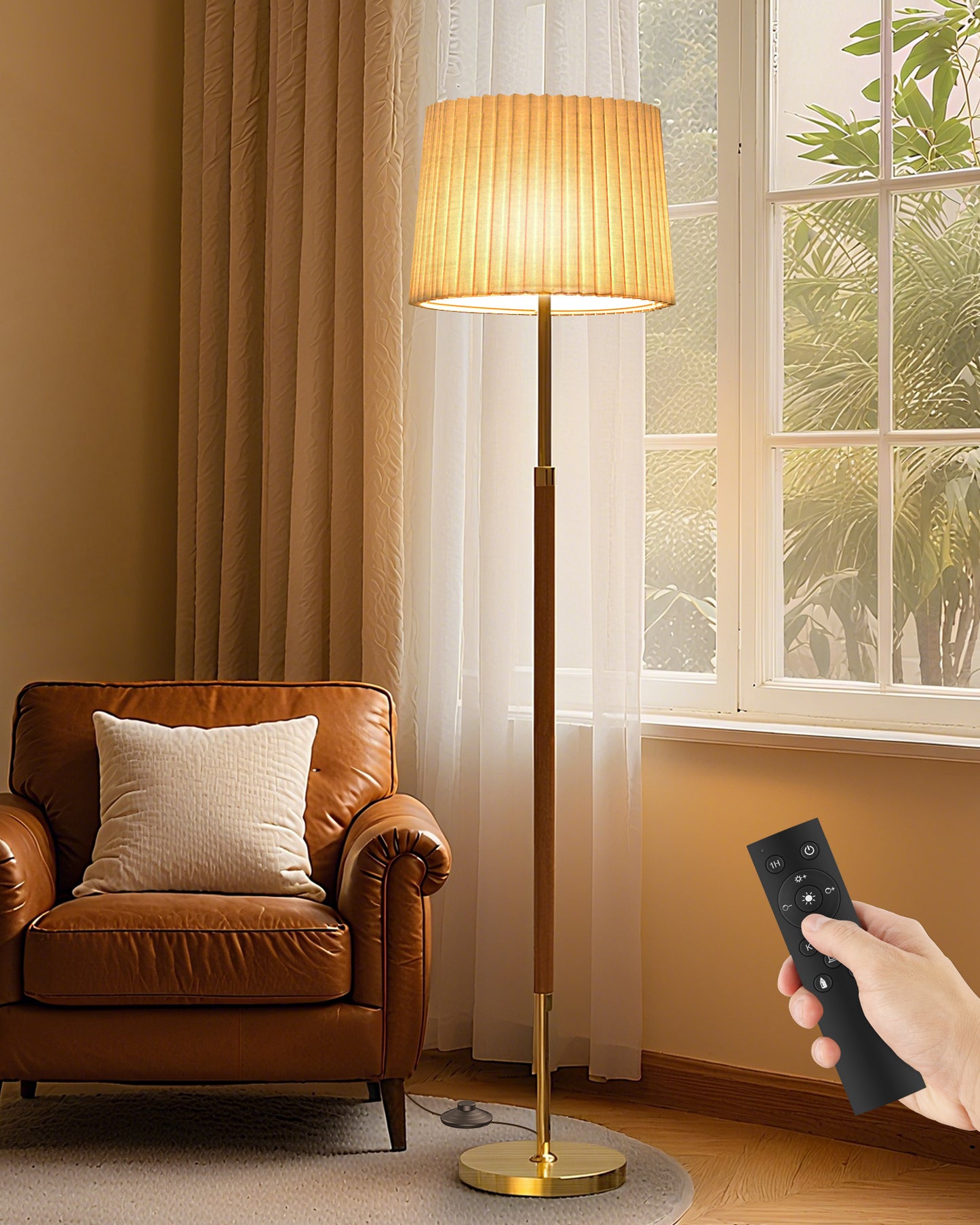 JOOFO Mid-Century Modern Wood Floor Lamp with Dual Fabric Shade, Remote Control, Dimmable & Adjustable Color Temperature, Reading & Living Room Lamp, Easy Clean Cover, Foot Switch