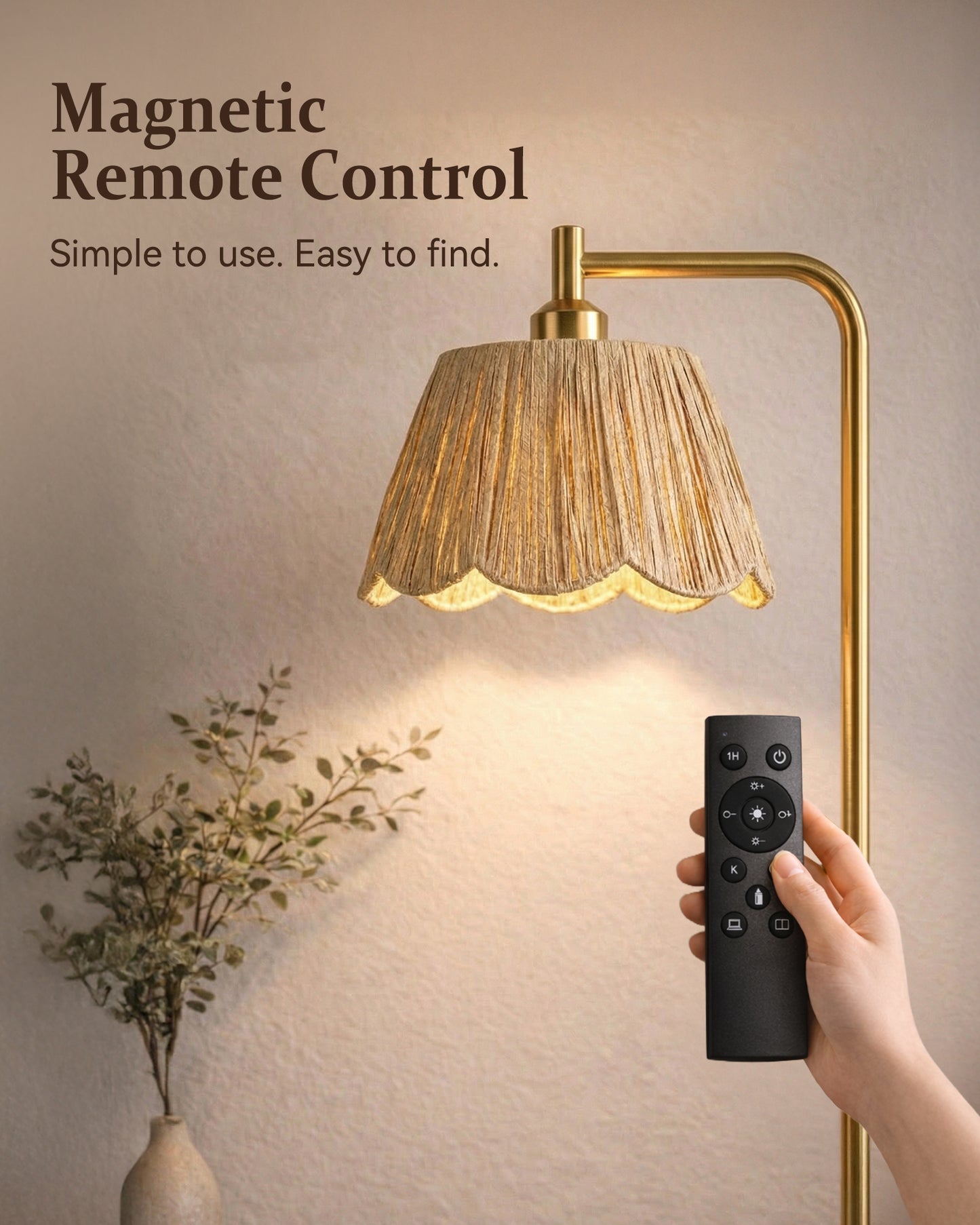 JOOFO Boho Floor Lamp with Remote & Foot Switch, Brushed Gold Standing Lamp with Flower-Inspired Textured Shade, Stepless Dimmable Tall Lamp for Living Room Bedroom Reading (Bulb Included)