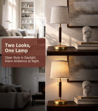 JOOFO LED Table Lamp with Pull Chain, 9W 900LM Bedside Lamp, 3000K–6500K 3 Color Temperatures, E26 Bulb Included, Modern Wood Pole Desk Lamp for Bedroom, Living Room, Office