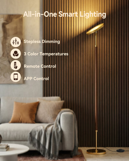 JOOFO Wood Torchiere Floor Lamp, Super Bright Stepless Dimmable LED Uplight Standing Lamp with Remote Adjustable Color Temperature 3000K–6500K with Timer for Living Room Bedroom Office Reading