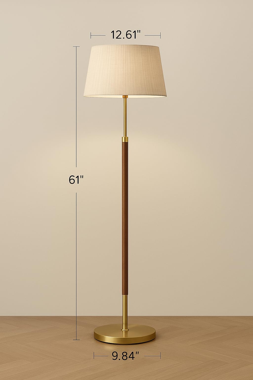 JOOFO Mid-Century Modern Wood Floor Lamp with Dual Fabric Shade, Remote Control, Dimmable & Adjustable Color Temperature, Reading & Living Room Lamp, Easy Clean Cover, Foot Switch