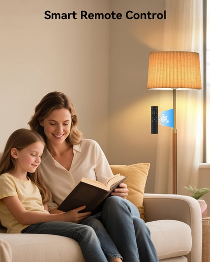 JOOFO Mid-Century Modern Wood Floor Lamp with Dual Fabric Shade, Remote Control, Dimmable & Adjustable Color Temperature, Reading & Living Room Lamp, Easy Clean Cover, Foot Switch