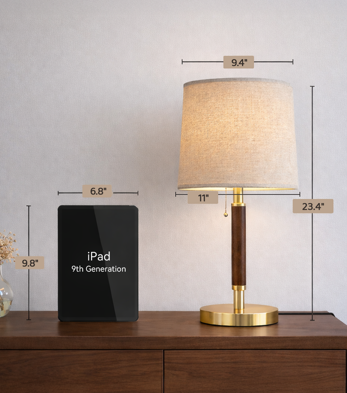 JOOFO LED Table Lamp with Pull Chain, 9W 900LM Bedside Lamp, 3000K–6500K 3 Color Temperatures, E26 Bulb Included, Modern Wood Pole Desk Lamp for Bedroom, Living Room, Office