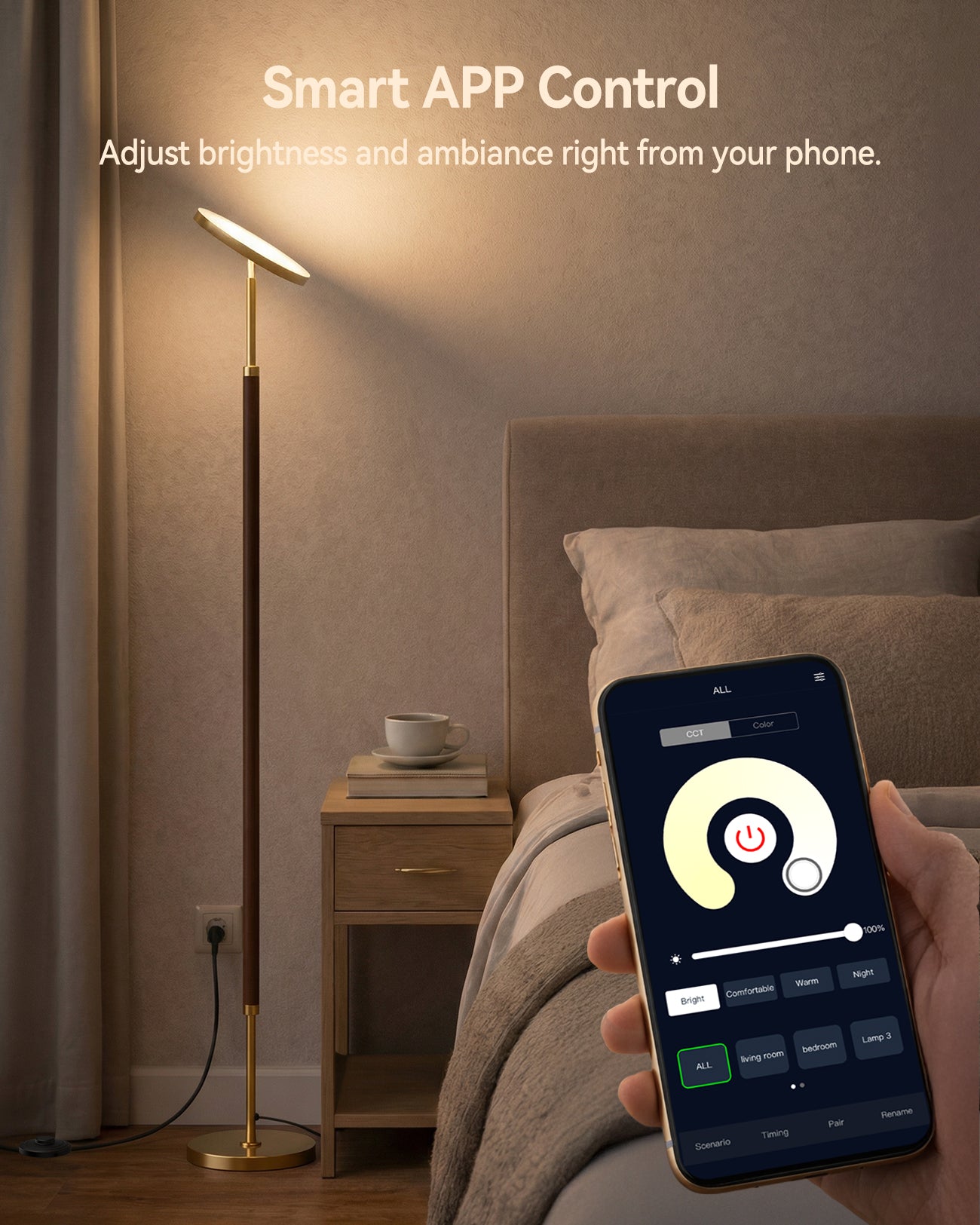 JOOFO Wood Torchiere Floor Lamp, Super Bright Stepless Dimmable LED Uplight Standing Lamp with Remote Adjustable Color Temperature 3000K–6500K with Timer for Living Room Bedroom Office Reading