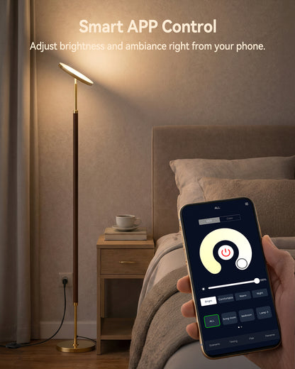 JOOFO Wood Torchiere Floor Lamp, Super Bright Stepless Dimmable LED Uplight Standing Lamp with Remote Adjustable Color Temperature 3000K–6500K with Timer for Living Room Bedroom Office Reading