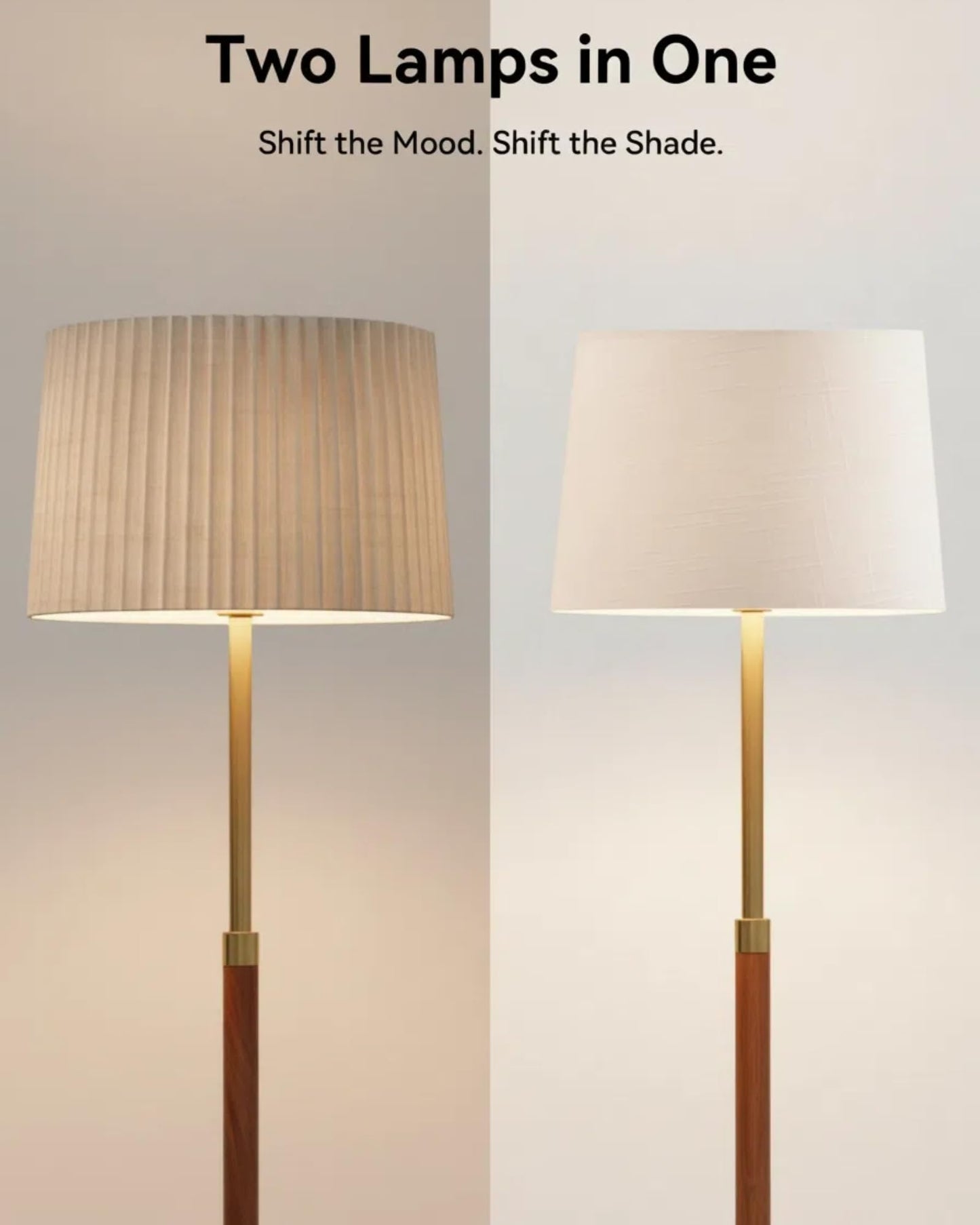 JOOFO Mid-Century Modern Wood Floor Lamp with Dual Fabric Shade, Remote Control, Dimmable & Adjustable Color Temperature, Reading & Living Room Lamp, Easy Clean Cover, Foot Switch