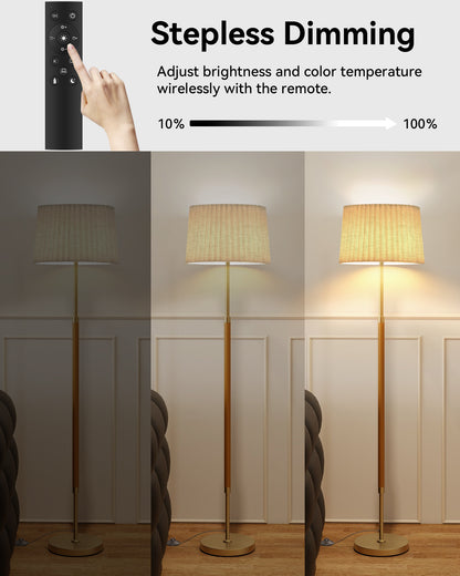 JOOFO Mid-Century Modern Wood Floor Lamp with Dual Fabric Shade, Remote Control, Dimmable & Adjustable Color Temperature, Reading & Living Room Lamp, Easy Clean Cover, Foot Switch