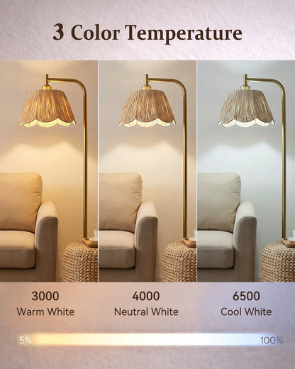JOOFO Boho Floor Lamp with Remote & Foot Switch, Brushed Gold Standing Lamp with Flower-Inspired Textured Shade, Stepless Dimmable Tall Lamp for Living Room Bedroom Reading (Bulb Included)
