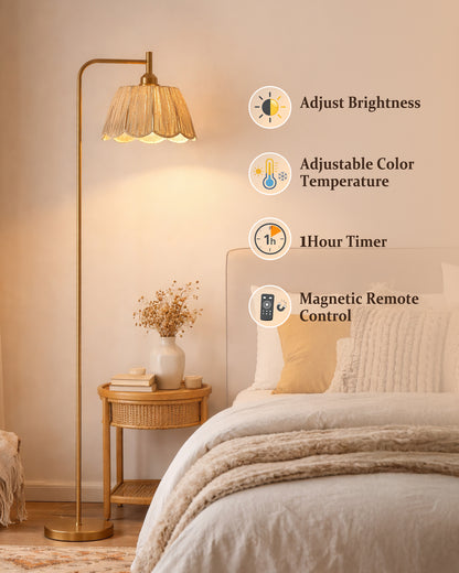 JOOFO Boho Floor Lamp with Remote & Foot Switch, Brushed Gold Standing Lamp with Flower-Inspired Textured Shade, Stepless Dimmable Tall Lamp for Living Room Bedroom Reading (Bulb Included)