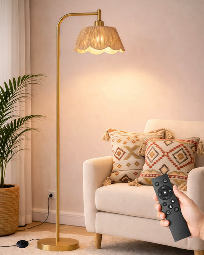 JOOFO Boho Floor Lamp with Remote & Foot Switch, Brushed Gold Standing Lamp with Flower-Inspired Textured Shade, Stepless Dimmable Tall Lamp for Living Room Bedroom Reading (Bulb Included)